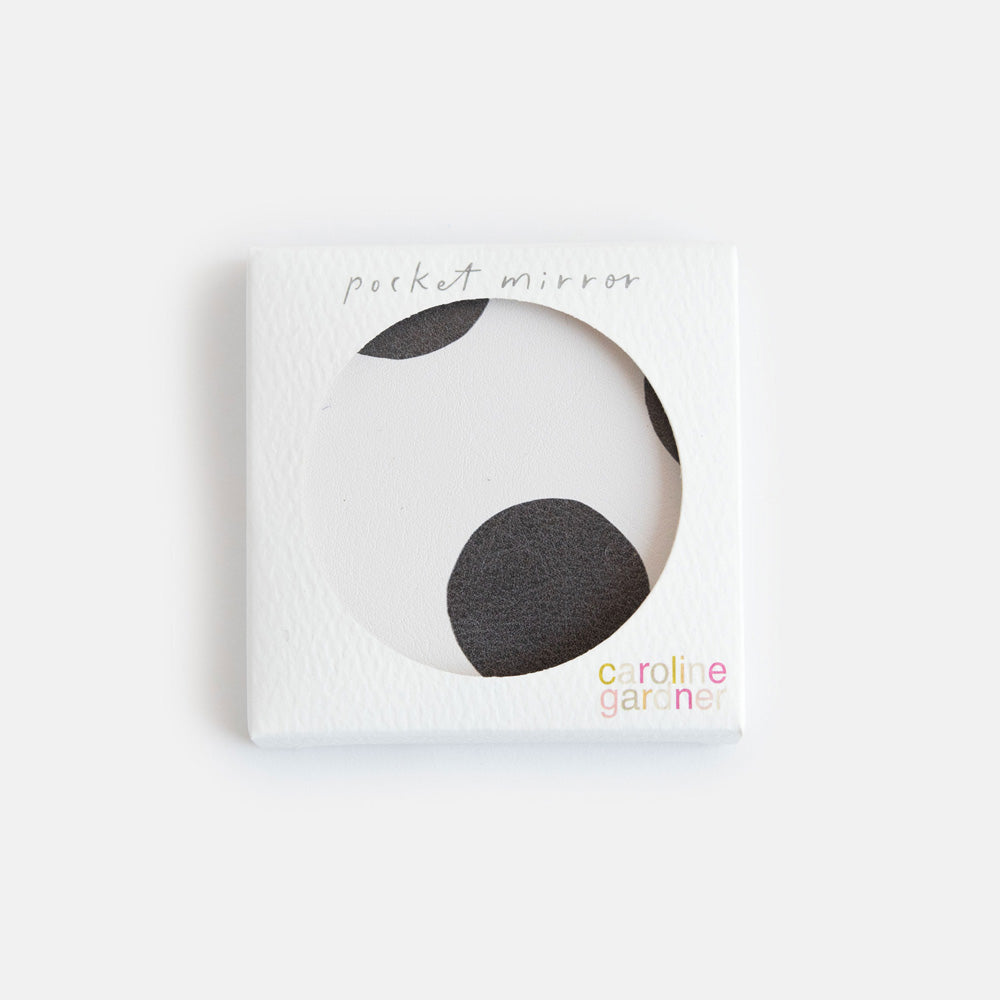 printed leather look PU square compact pocket mirror in a black and white spot print on the pront and black and brown spot on the back, with 2 mirrors and magnetic fastening