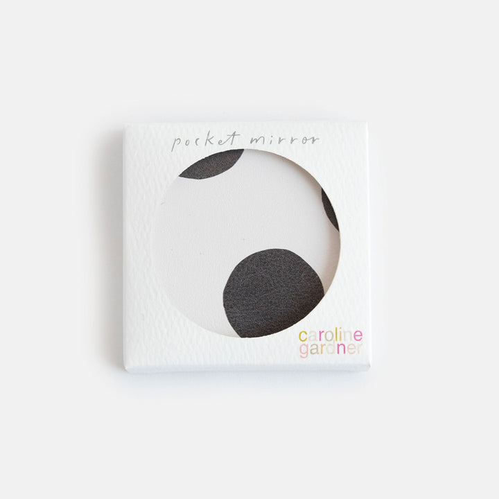 printed leather look PU square compact pocket mirror in a black and white spot print on the pront and black and brown spot on the back, with 2 mirrors and magnetic fastening