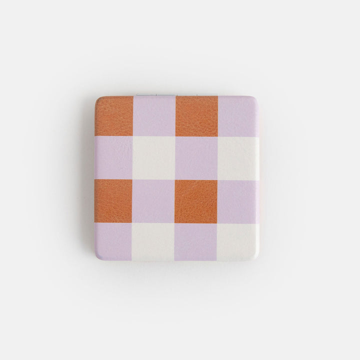 printed leather look PU square compact pocket mirror in warm check print, with 2 mirrors and magnetic fastening