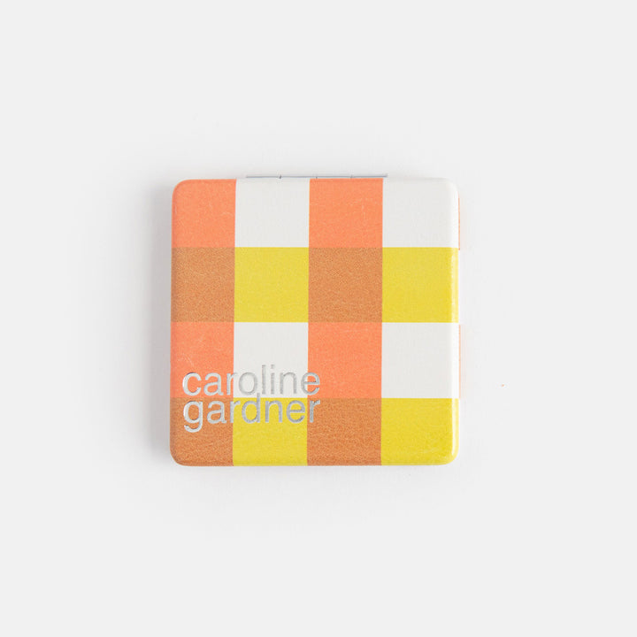 printed leather look PU square compact pocket mirror in warm check print, with 2 mirrors and magnetic fastening