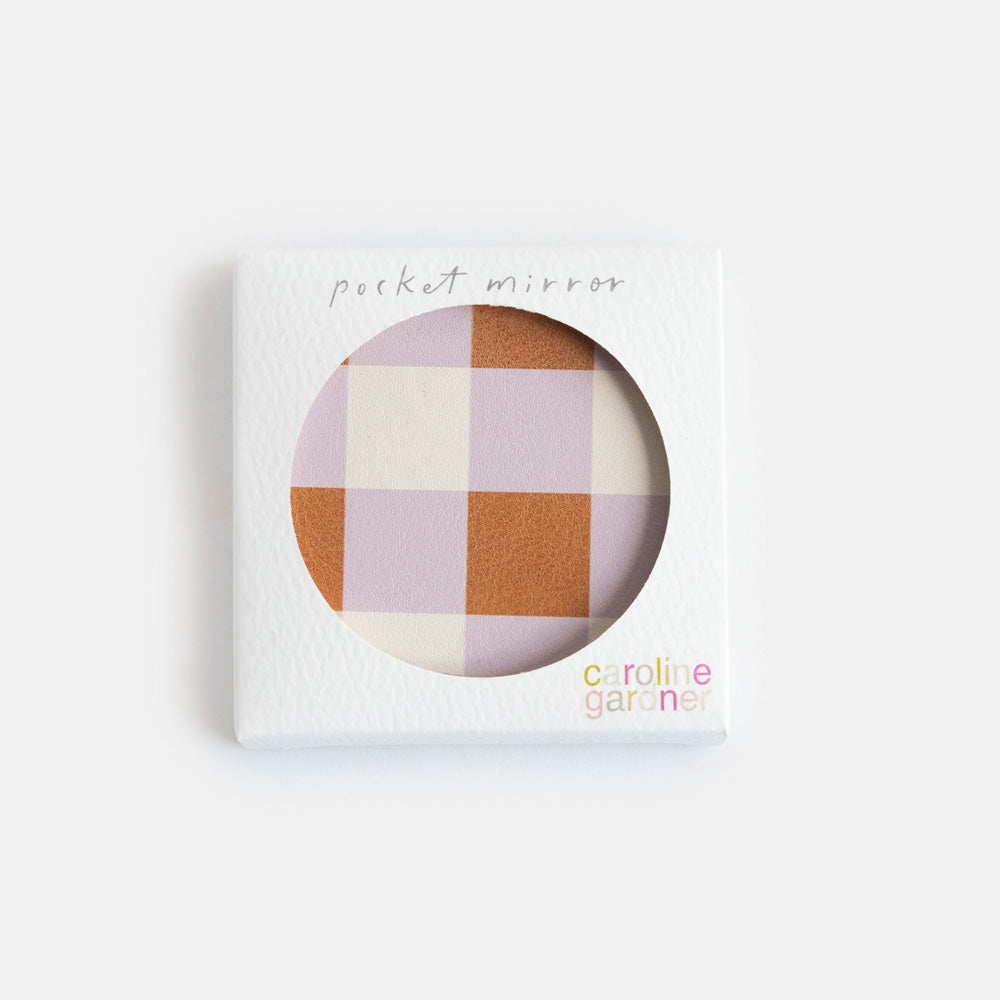 printed leather look PU square compact pocket mirror in warm check print, with 2 mirrors and magnetic fastening