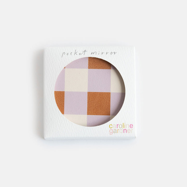 printed leather look PU square compact pocket mirror in warm check print, with 2 mirrors and magnetic fastening