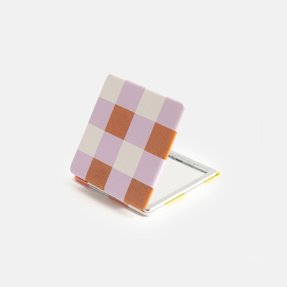 printed leather look PU square compact pocket mirror in warm check print, with 2 mirrors and magnetic fastening