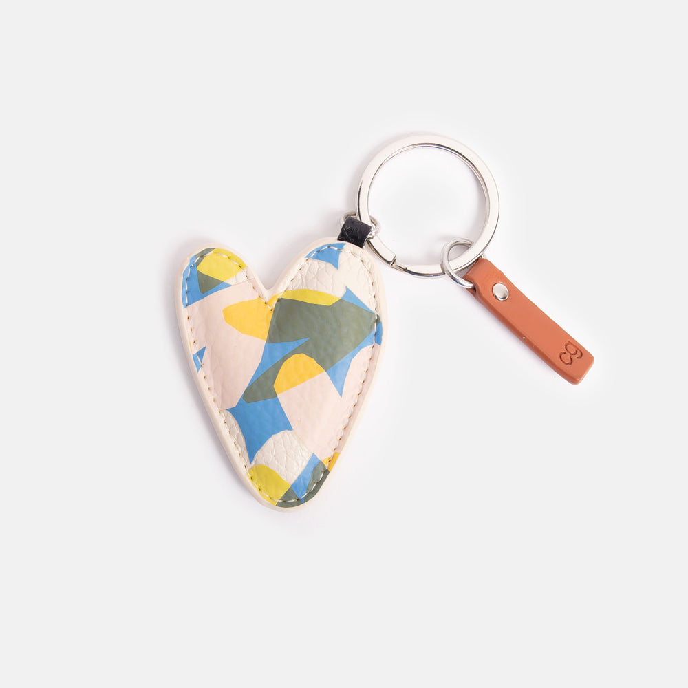 leather look PU colourful confetti hearts print heart shaped padded keyring