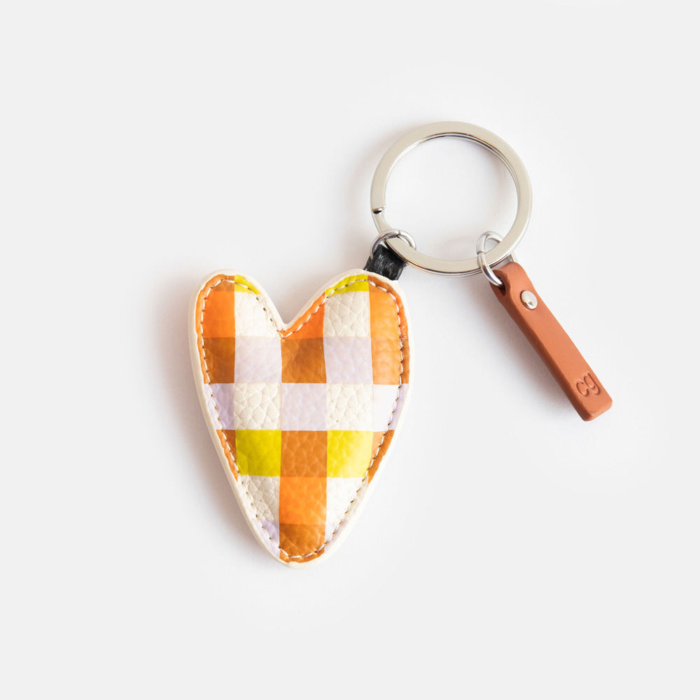 leather look PU warm tones check print heart shaped padded keyring