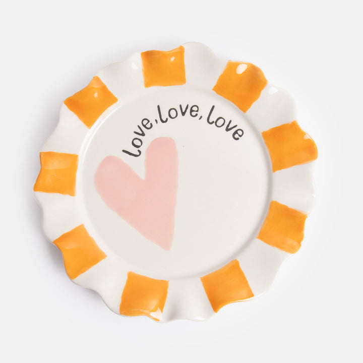 pink heart with love, love, love slogan ceramic stoneware plate with orange stripe scalloped edges