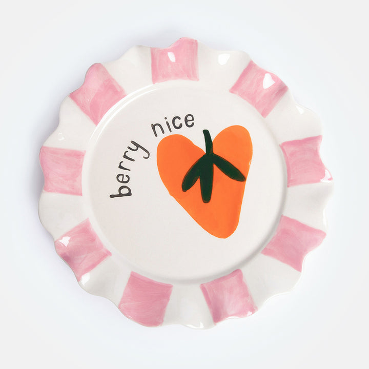 strawberry heart with berry nice slogan ceramic stoneware plate with pink stripe scalloped edge