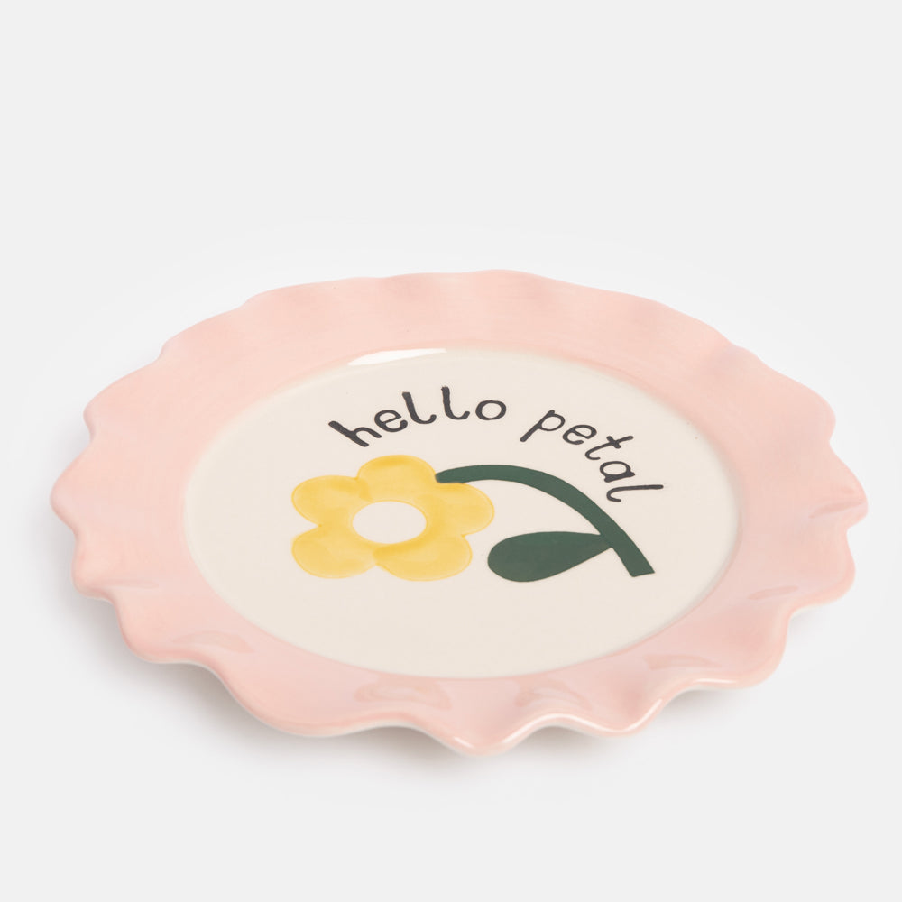 hand painted ceramic stoneware plate with pink scalloped edge and yellow flower design and hello petal slogan