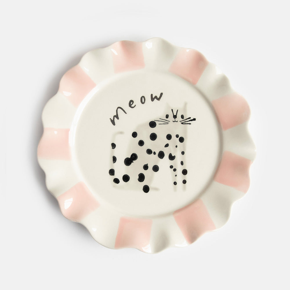 hand painted ceramic stoneware plate with soft pink stripe scalloped edge, spotty cat design and 'meow' slogan