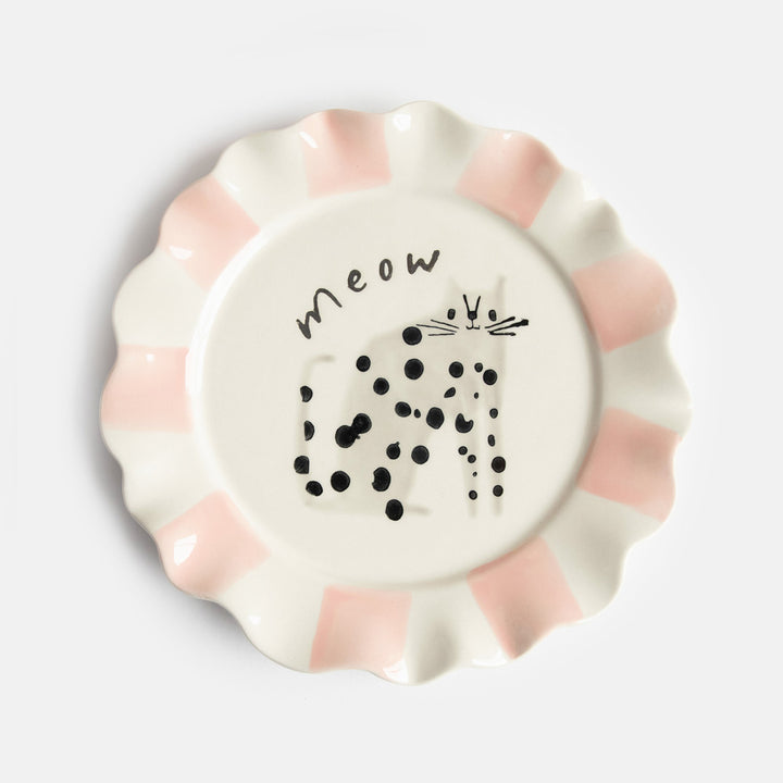 hand painted ceramic stoneware plate with soft pink stripe scalloped edge, spotty cat design and 'meow' slogan