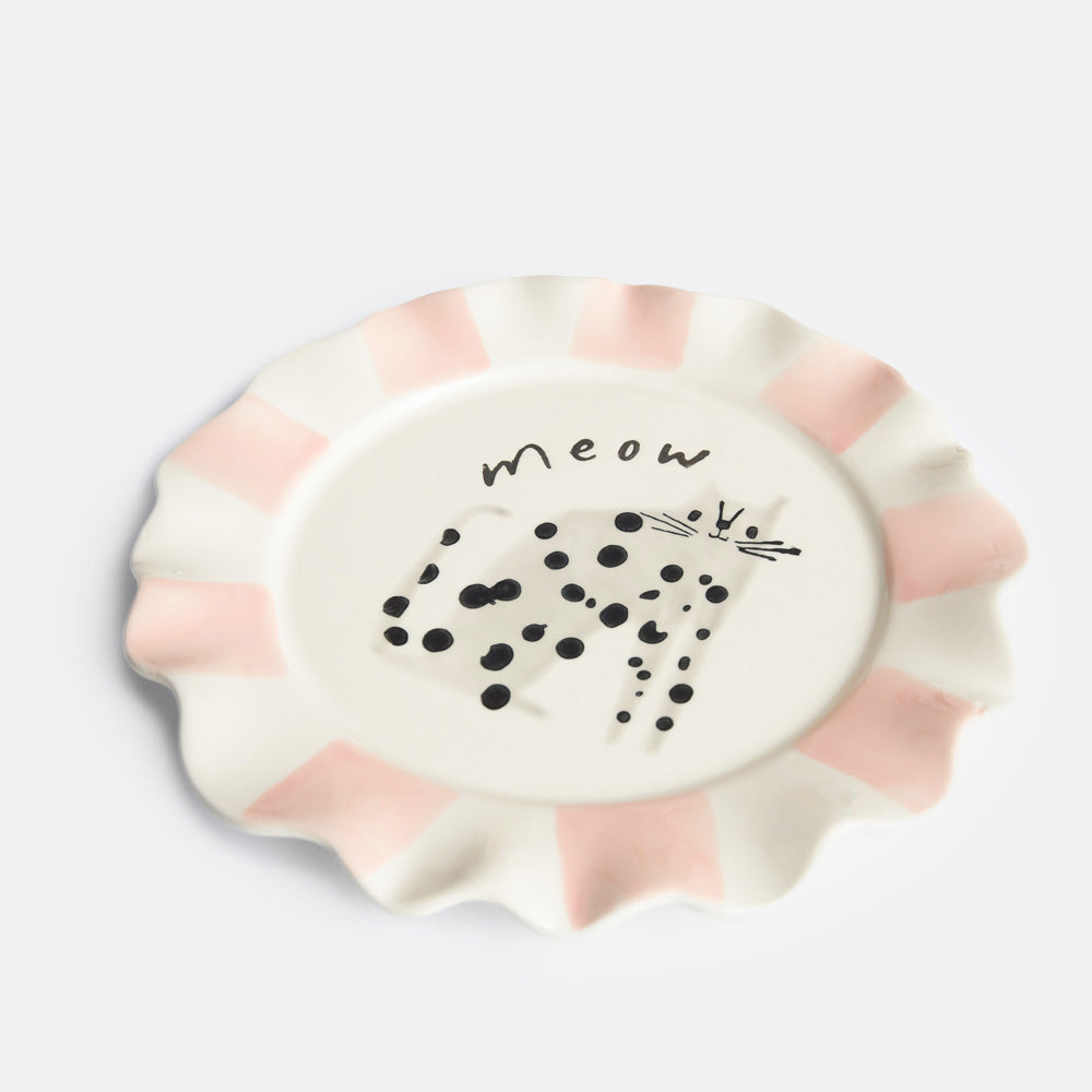 hand painted ceramic stoneware plate with soft pink stripe scalloped edge, spotty cat design and 'meow' slogan
