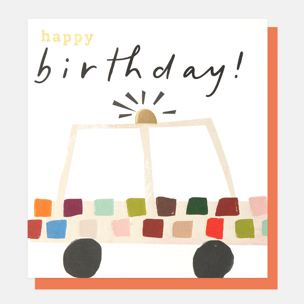 police car with colourful squares happy birthday card