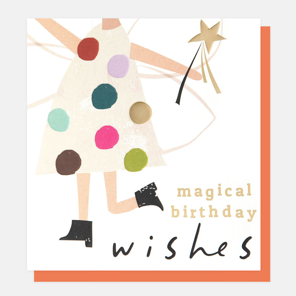 girl in a colourful spotty dress with star wand magical birthday wishes card