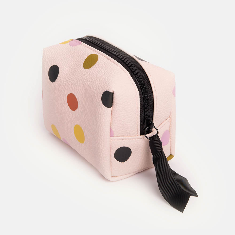 pale pink with colourful spots leather look mini cosmetics bag