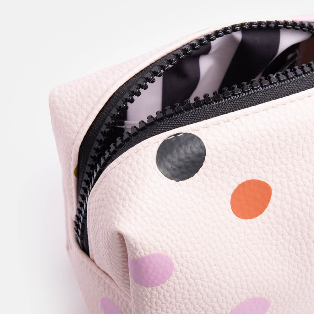 pale pink with colourful spots leather look mini cosmetics bag