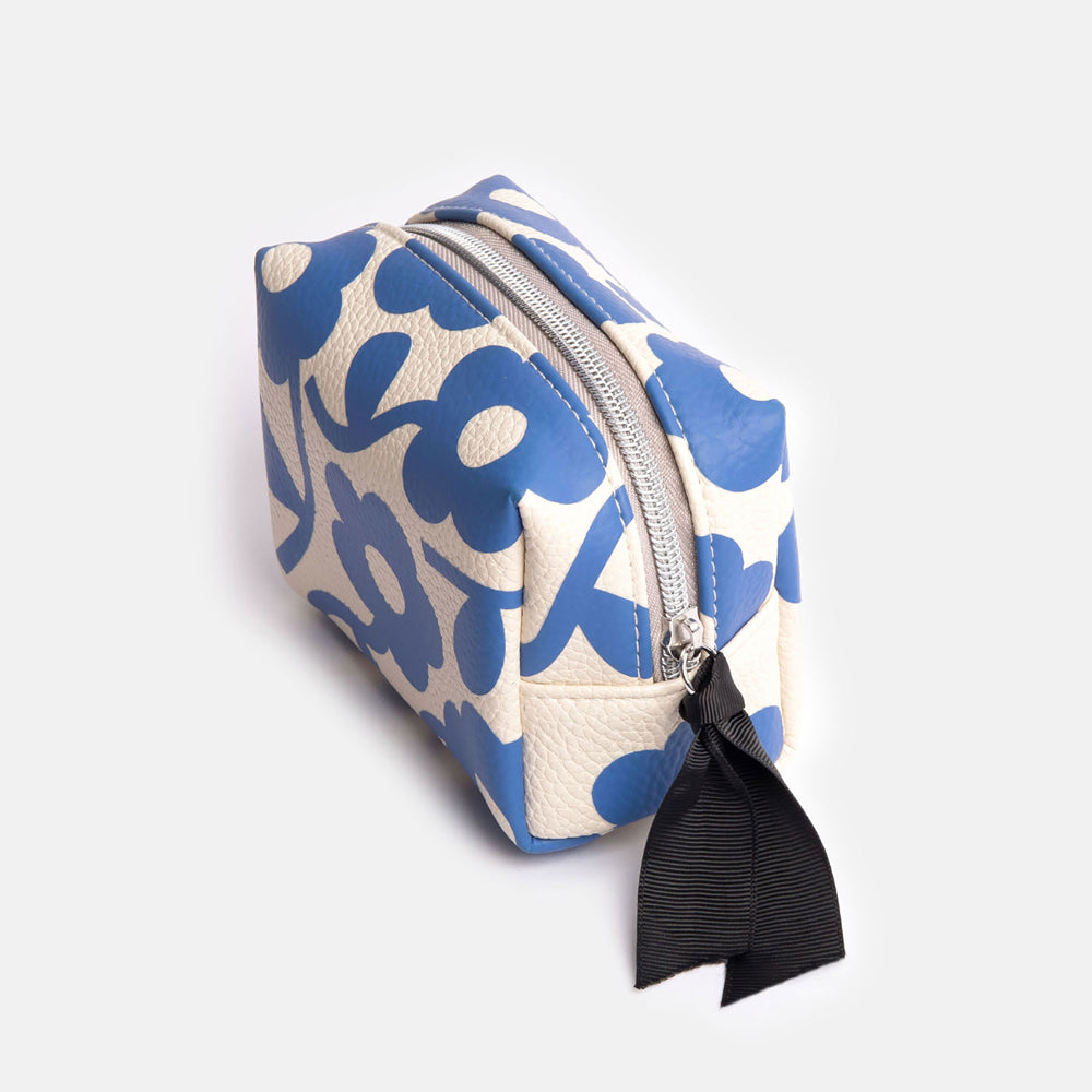 leather look PU mini cube cosmetics bags in blue flower print design with internal pocket, wipe clean lining and contrast zip pull