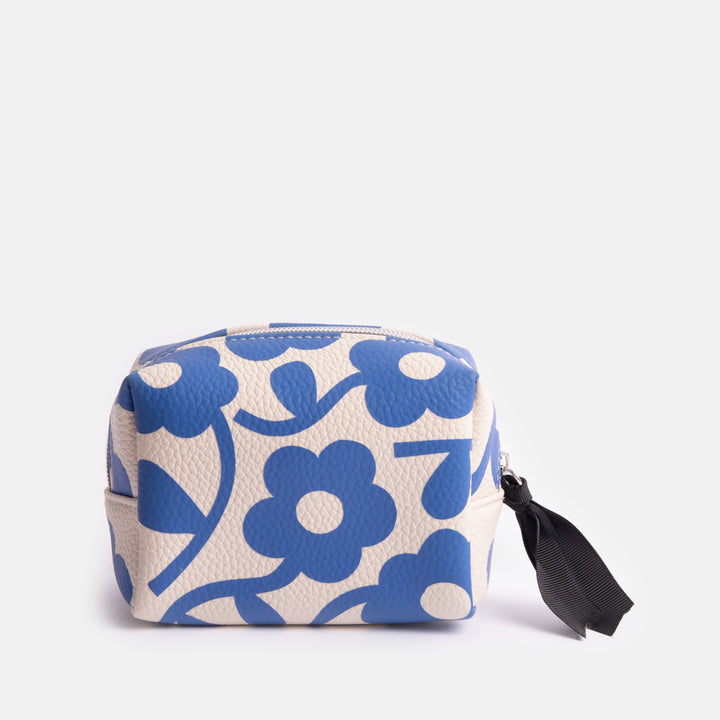 leather look PU mini cube cosmetics bags in blue flower print design with internal pocket, wipe clean lining and contrast zip pull