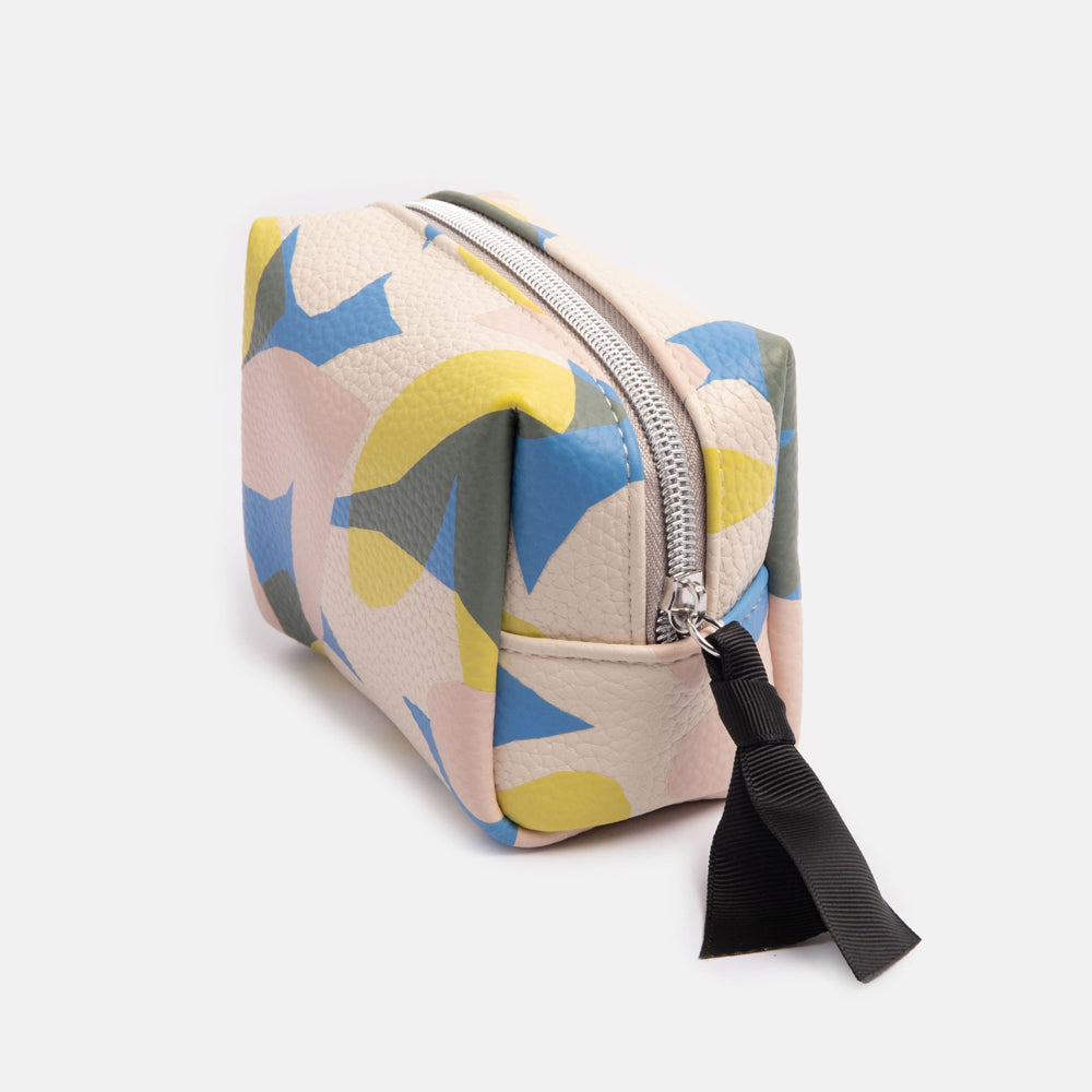 leather look PU mini cube cosmetics bags in colourful confetti hearts print design with internal pocket, wipe clean lining and contrast zip pull