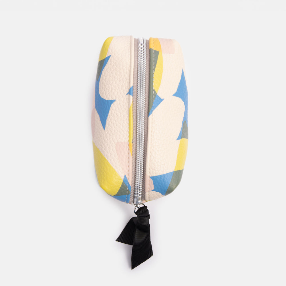 leather look PU mini cube cosmetics bags in colourful confetti hearts print design with internal pocket, wipe clean lining and contrast zip pull