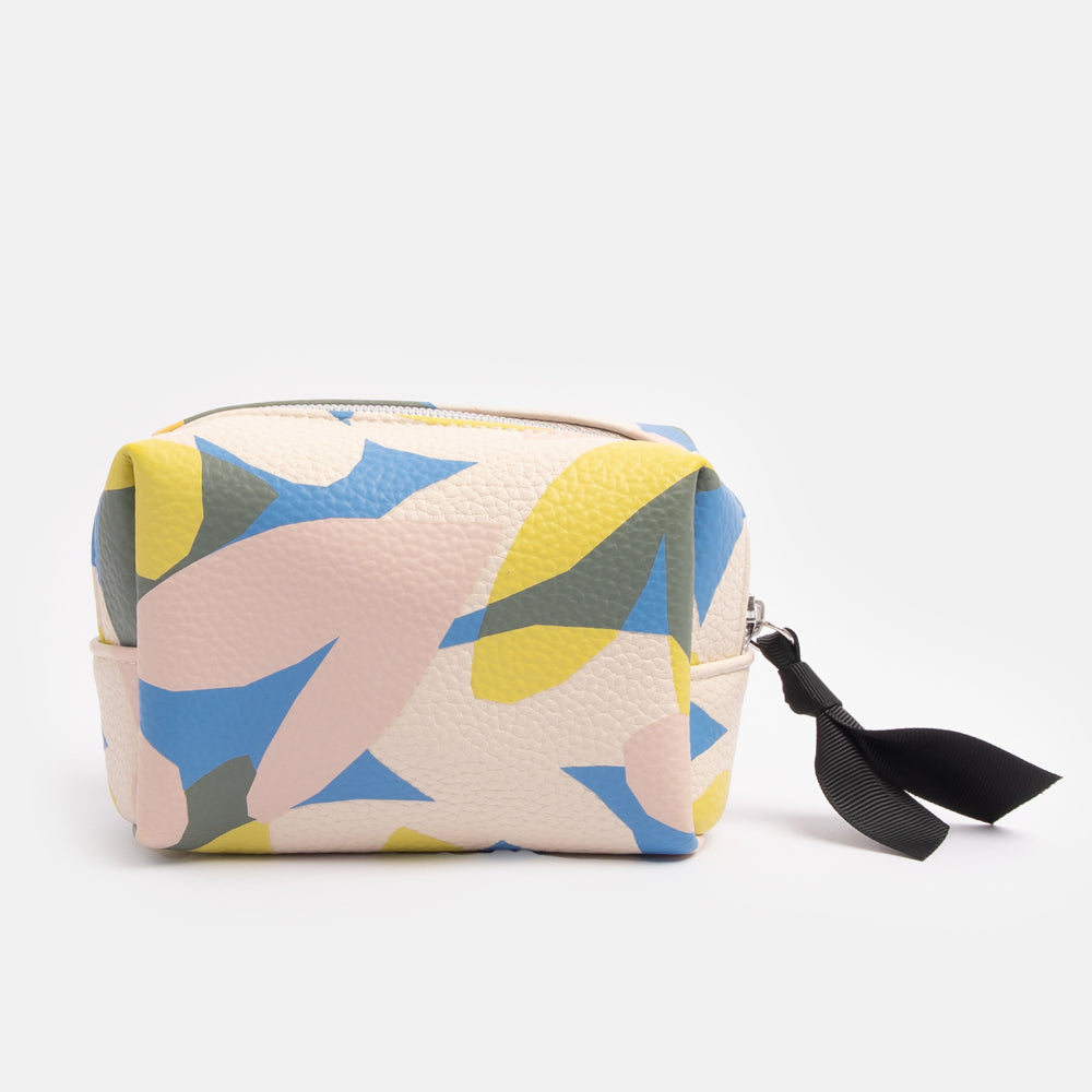 leather look PU mini cube cosmetics bags in colourful confetti hearts print design with internal pocket, wipe clean lining and contrast zip pull