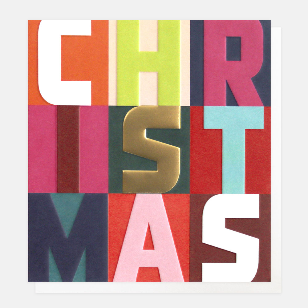 multi coloured bold text gold foil charity christmas card pack of 8