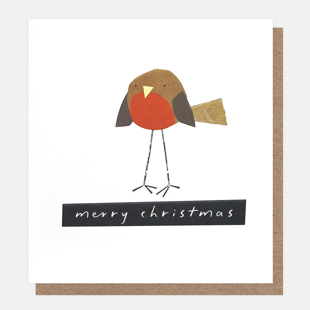 Christmas card with a design of a long legged robin on a white background and the message merry Christmas in a black box