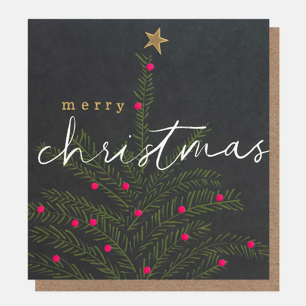 Christmas card with a tree with baubles and gold star design, 'merry christmas' text, on a dark background