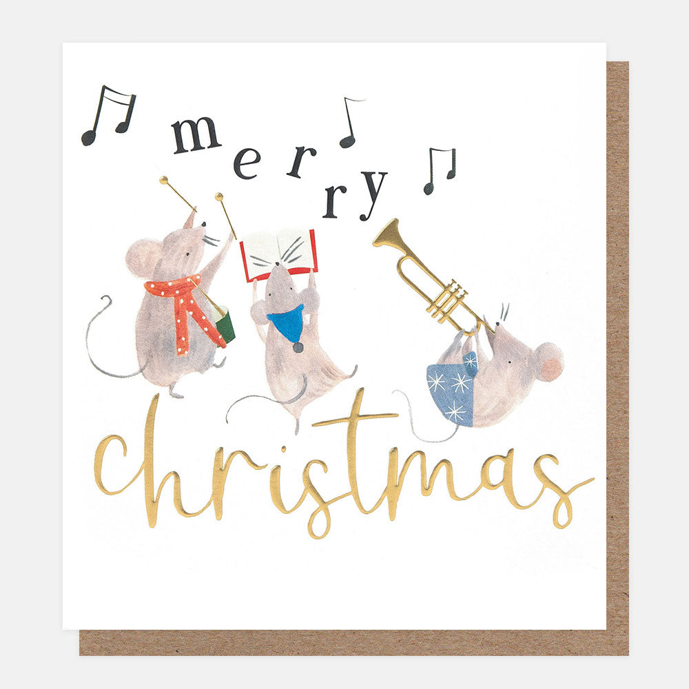 Christmas card with mice playing instruments and 'merry christmas' text.