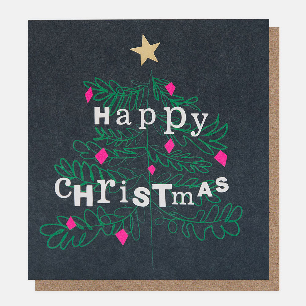 Christmas card with a green Christmas tree design, pink ornaments, and 'Happy Christmas' text on a dark blue background.