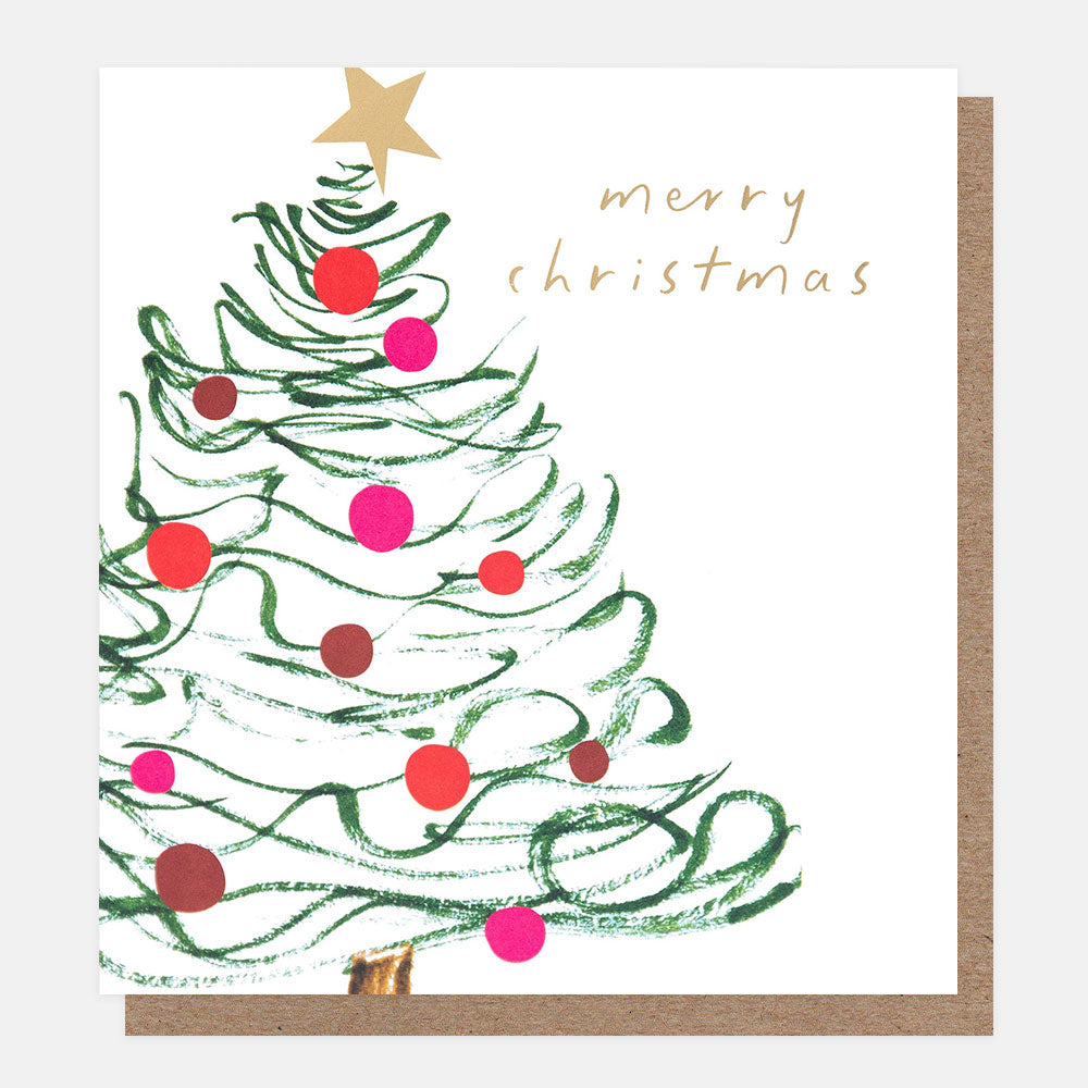Christmas card with a hand-drawn Christmas tree, red and pink ornaments, and 'merry christmas' text.
