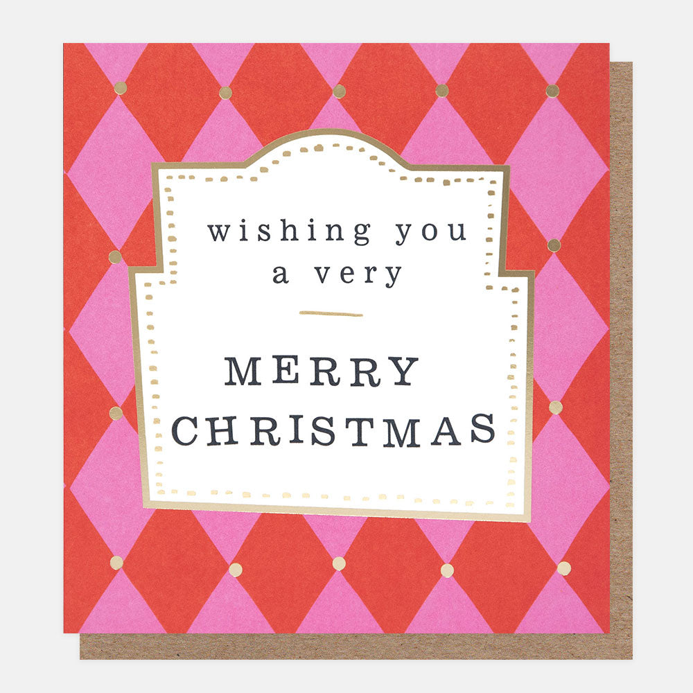 Christmas card with red and pink geometric pattern and 'wishing you a very Merry Christmas' text.
