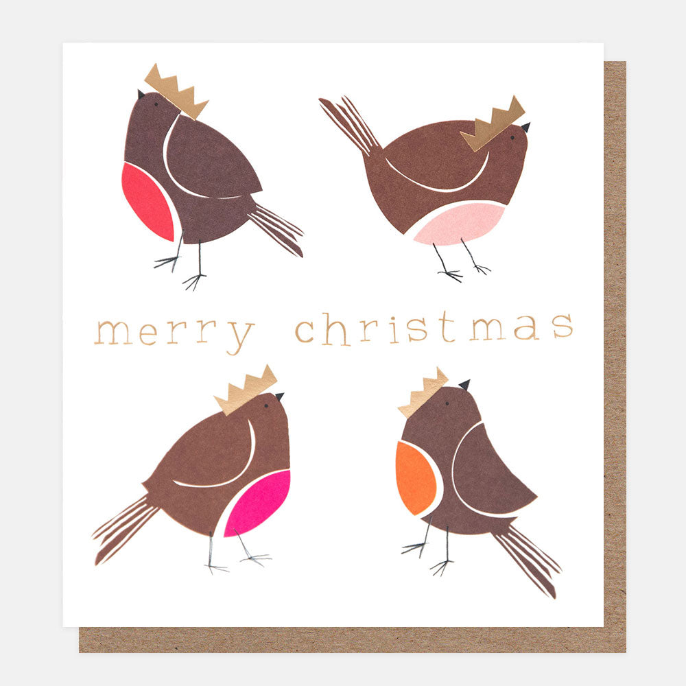 christmas card featuring 4 robins in gold crowns and the text 'merry christmas' in gold on a white background 