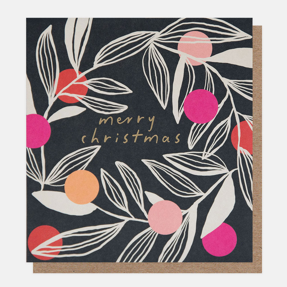 Christmas card with leaf and berry pattern on a dark background