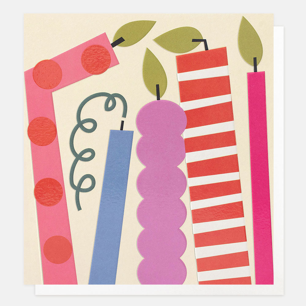 A square greeting card featuring a playful, retro illustration of stylized candles in pink, red, blue, and purple with green leaves, set against a cream background.