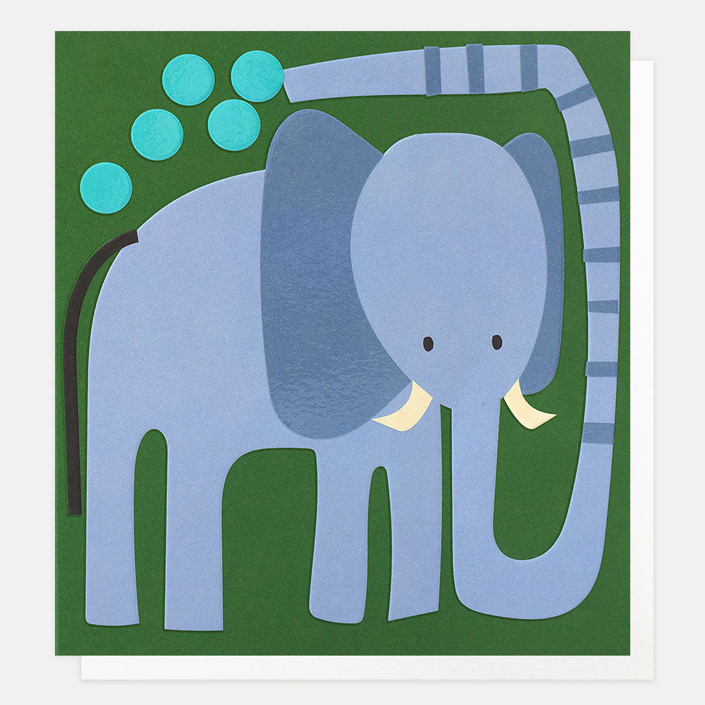 A stylized elephant greetings card featuring a light blue elephant on a dark green background, with turquoise bubbles in the upper left and a white border around the print.