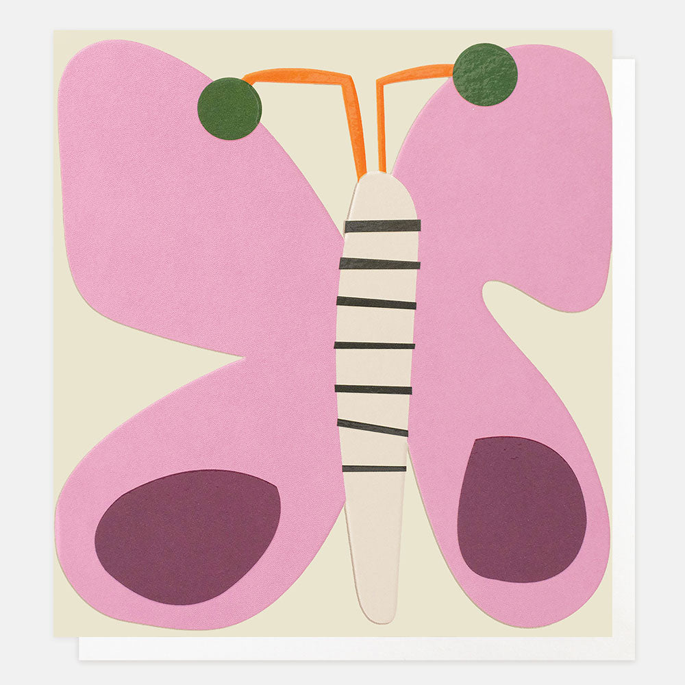 A square greetings card featuring a stylized butterfly made from layered paper shapes in pink, cream, purple, orange, and green on a light beige background.