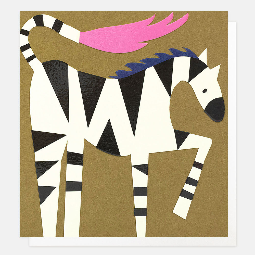 A stylized zebra illustration on a square greetings card with a white border, featuring bold black and white stripes, a pink wing, and a blue mane on a light grey background.