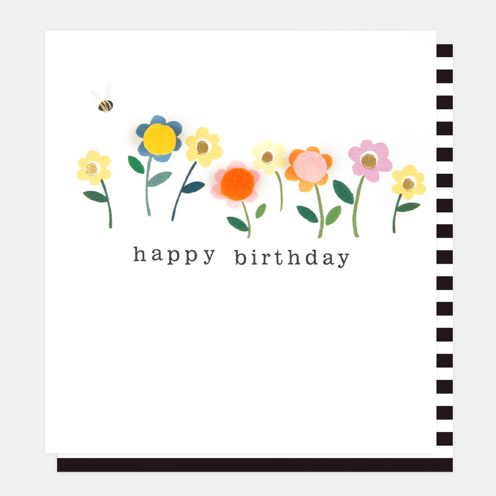 multi coloured flowers with mini pom pons happy birthday card