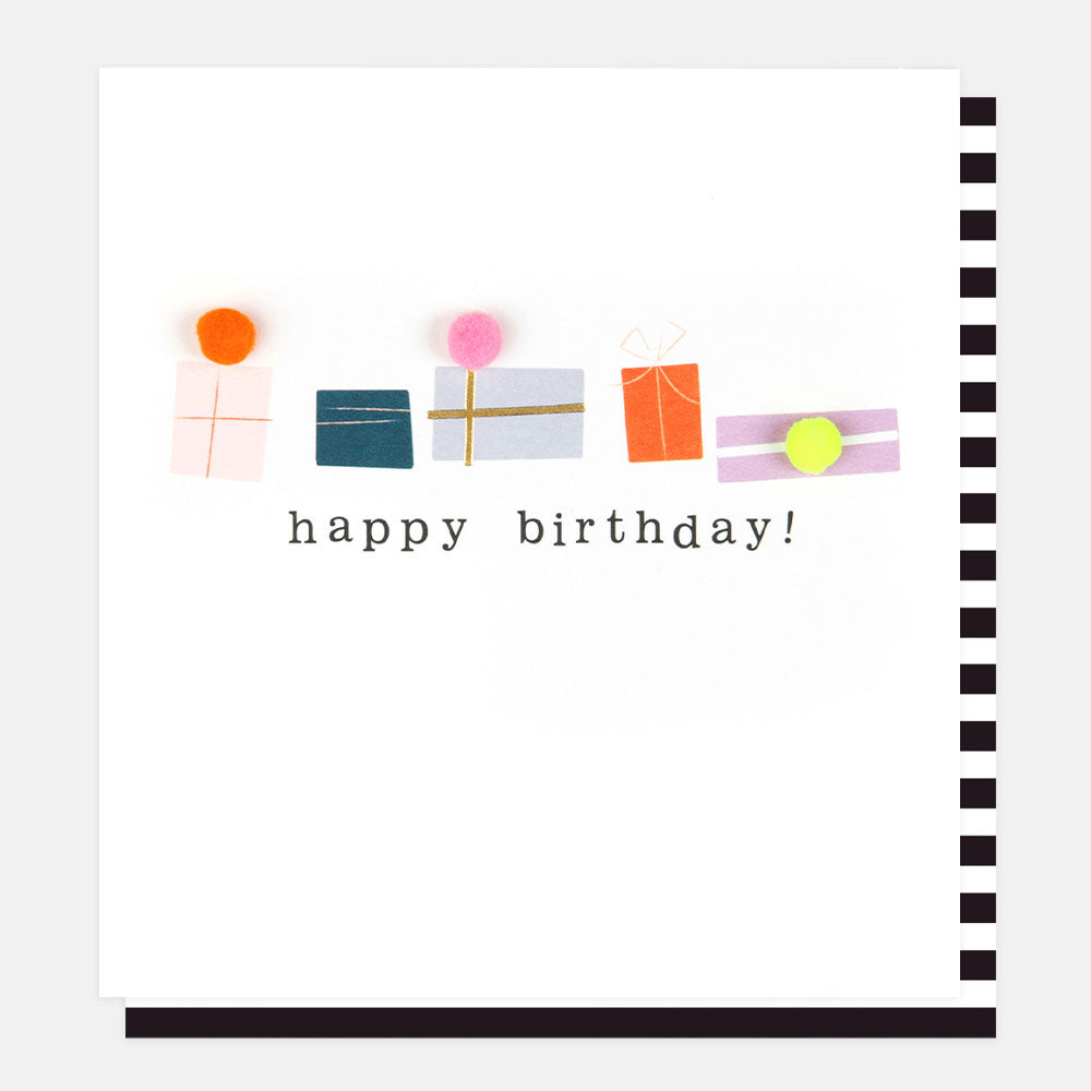 multi coloured gift wrapped presents with mini pom poms happy birthday card