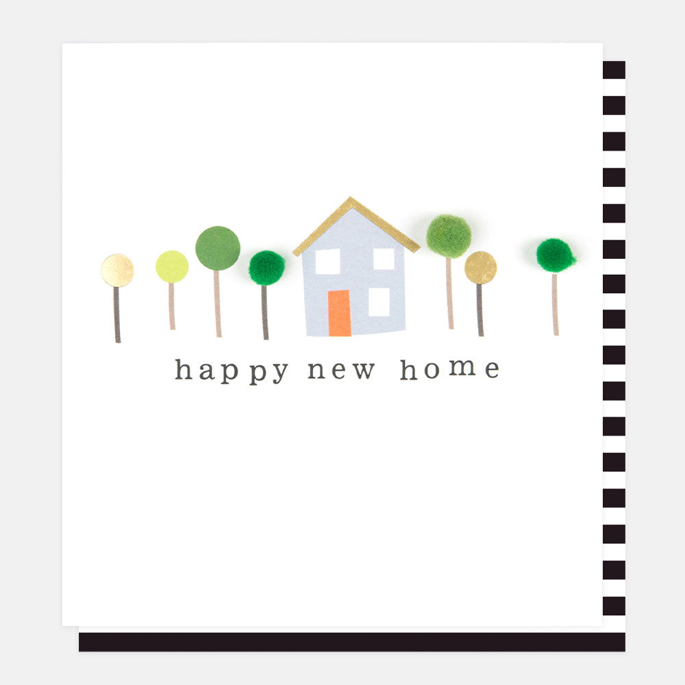 house and trees with mini pom poms happy new home card