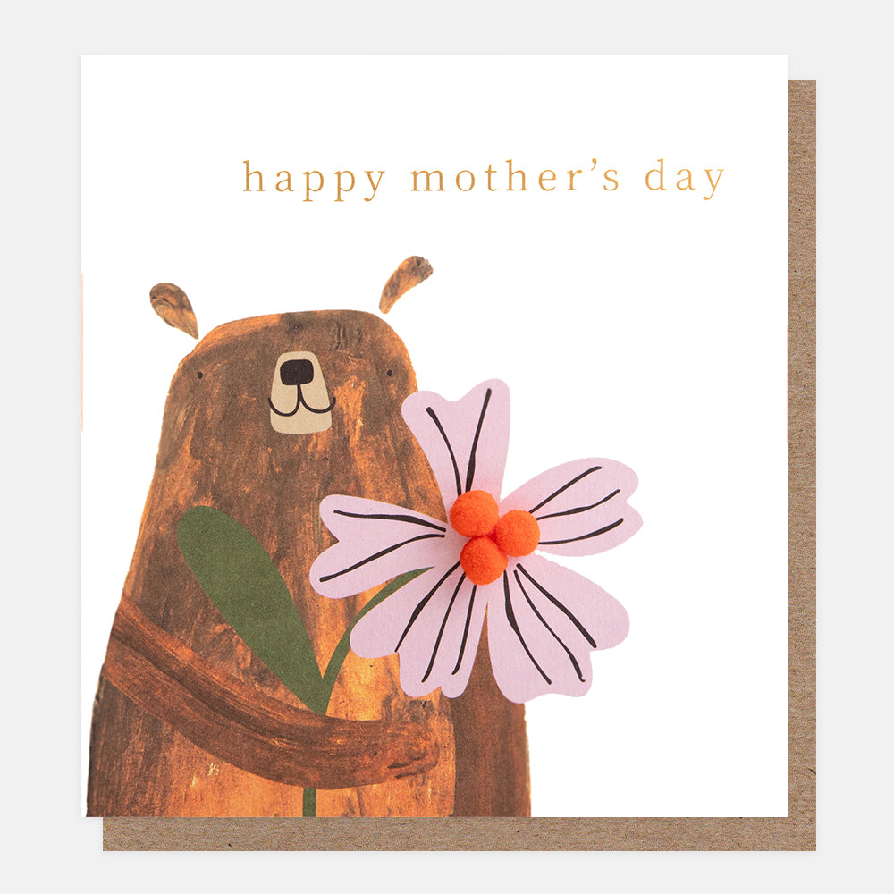 bear holding a pink flower with mini pom-poms happy mother's day card