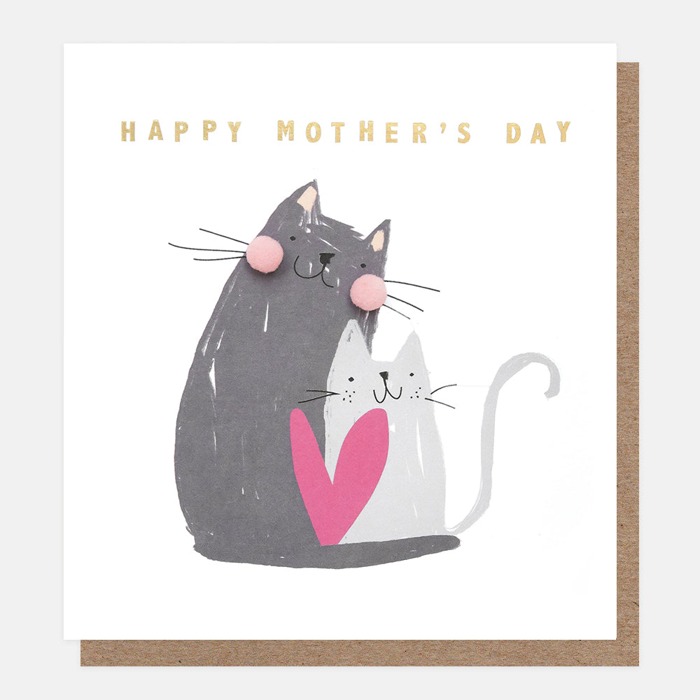 Mother's Day card with two cats and a pink heart and 'Happy Mother's Day' text on a white background