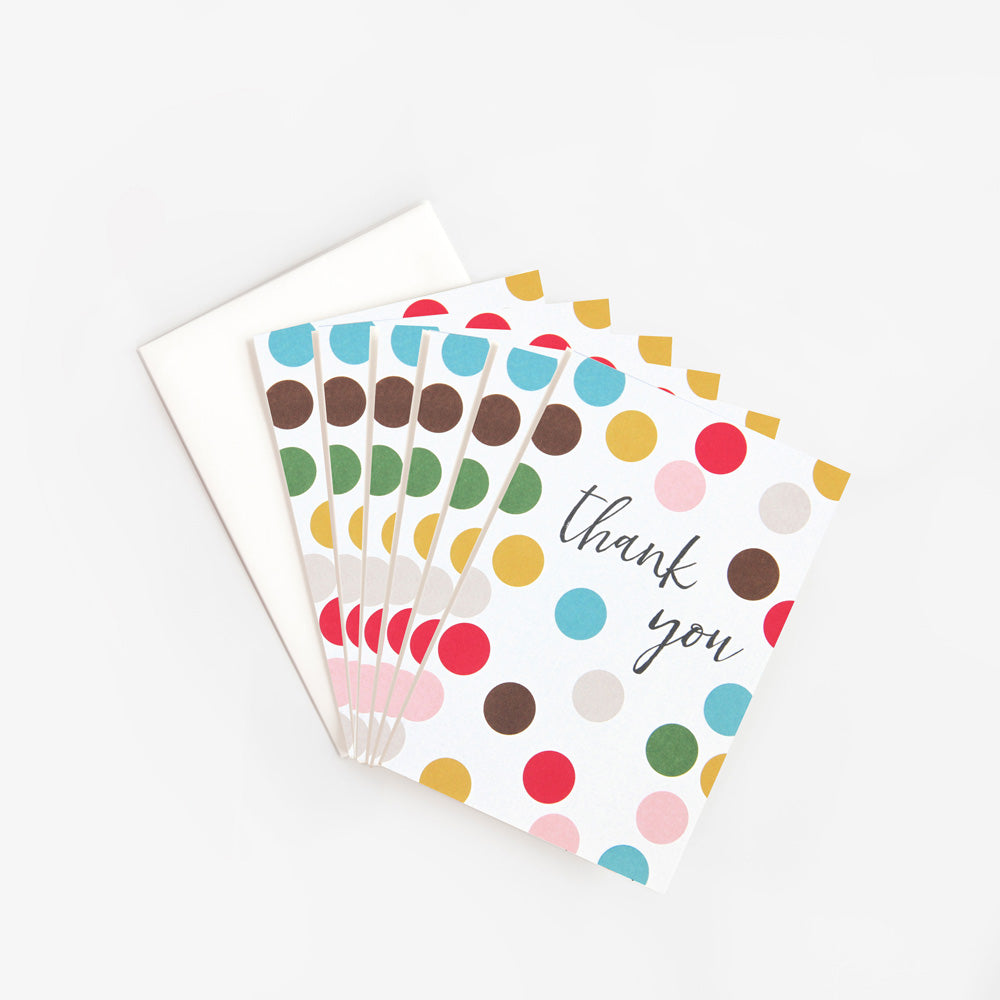 pack if 6 thank you cards featuring a colourful spot design and text 'thank you' 