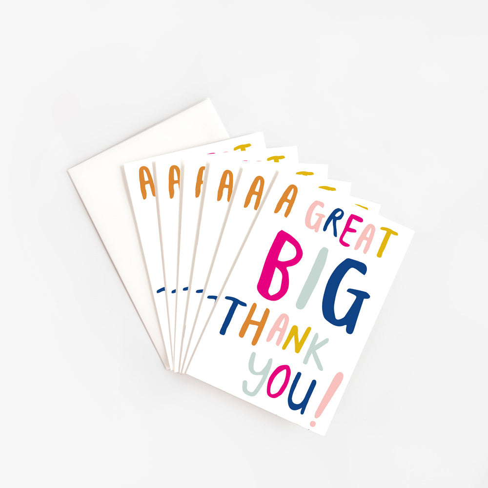 pack of 6 colourful 'A Great Big Thank You!' card on a white background 