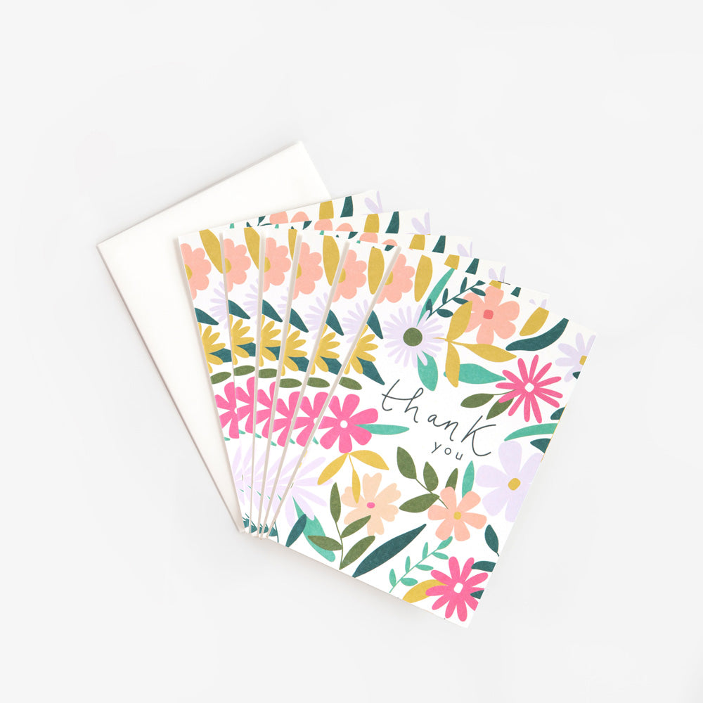 pack of 6 thank you cards with bright colourful flowers design
