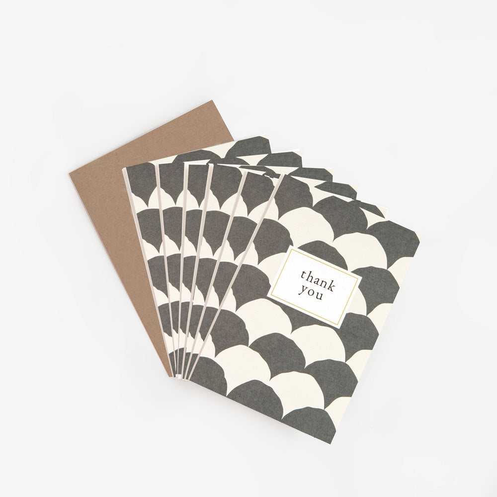 pack of 6 thank you cards featuring an art deco style fans design in black & white