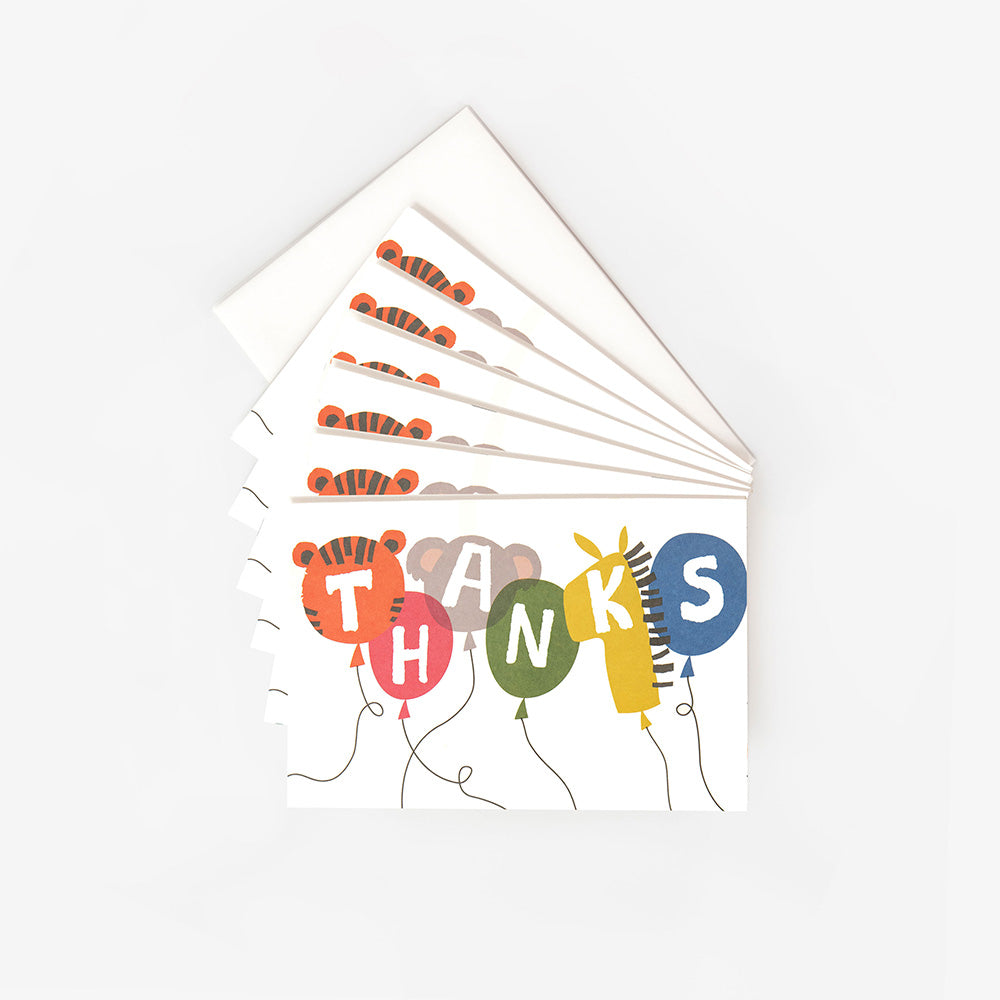 pack of 6 thank you cards with colourful animal head shaped balloons with the word thanks inside