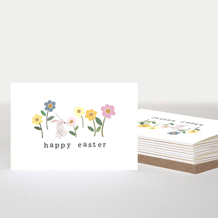 bunny rabbit and colourful flowers happy easter notecard pack of 10