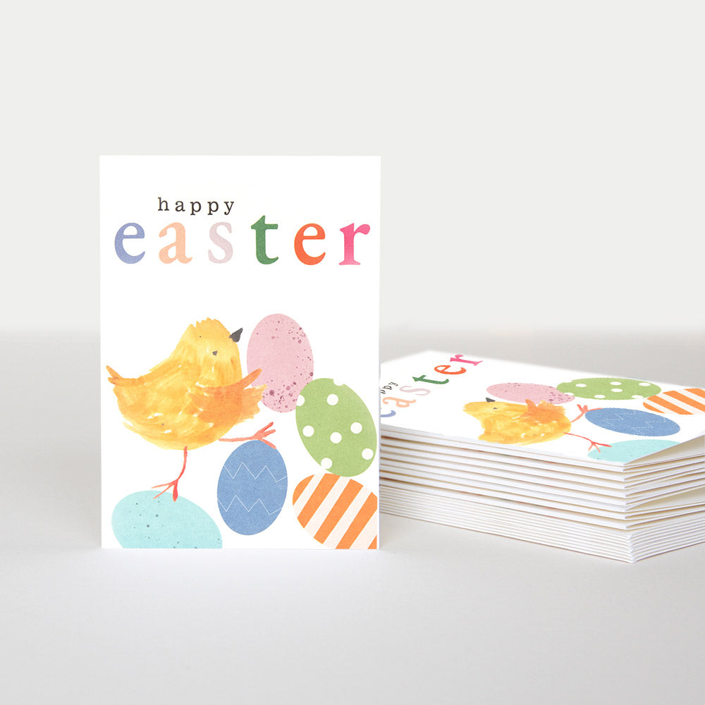 pack of 10 easter cards featuring a chick with colourful painted eggs