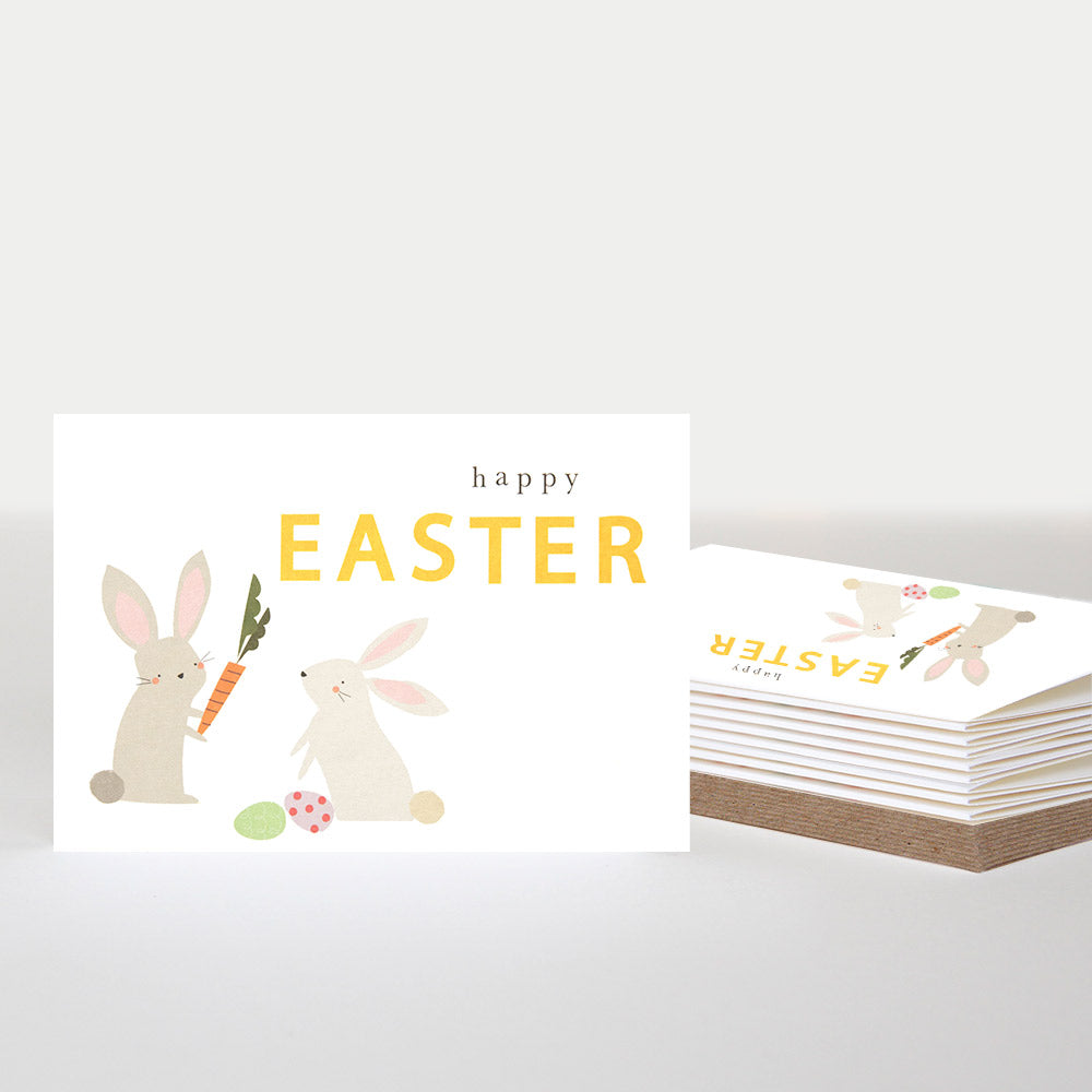 rabbits with colourful eggs and carrot happy easter notecards pack of 10